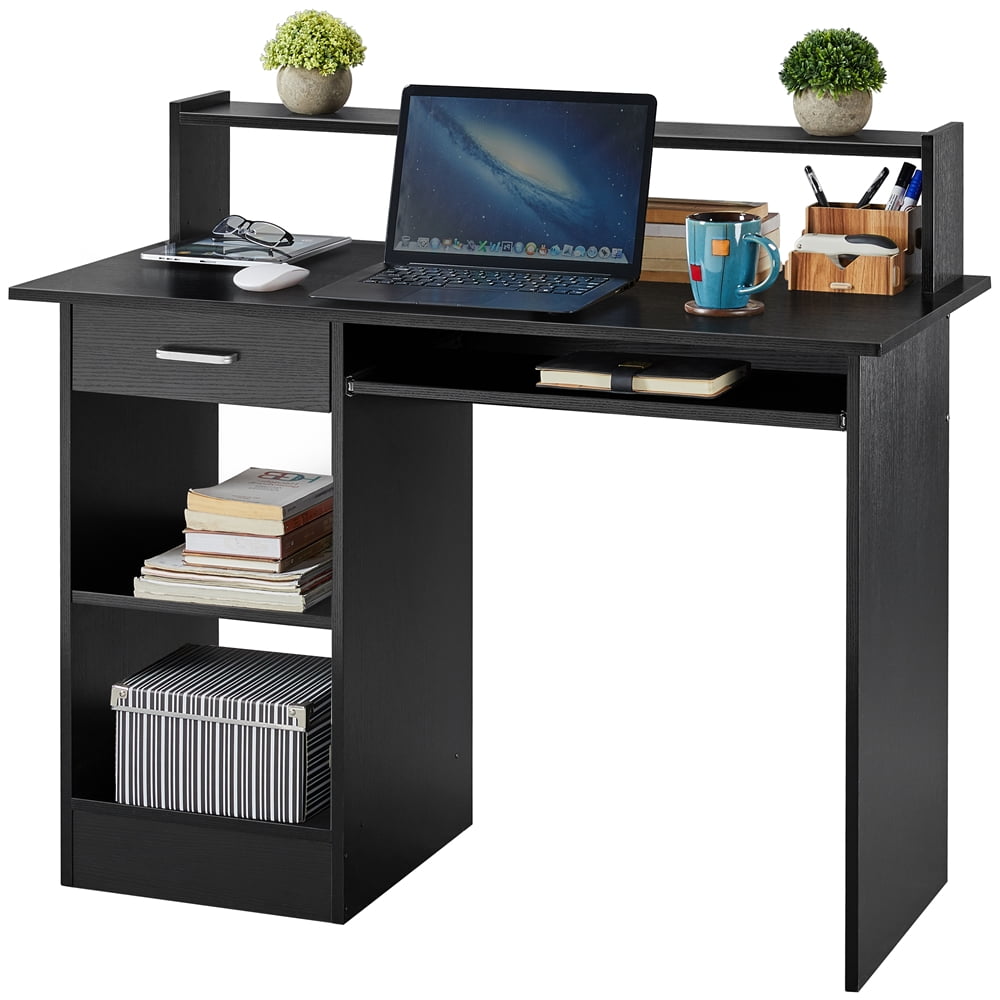 Alden Design Wooden Home Office Computer Desk with Drawers and Keyboard Tray, Black