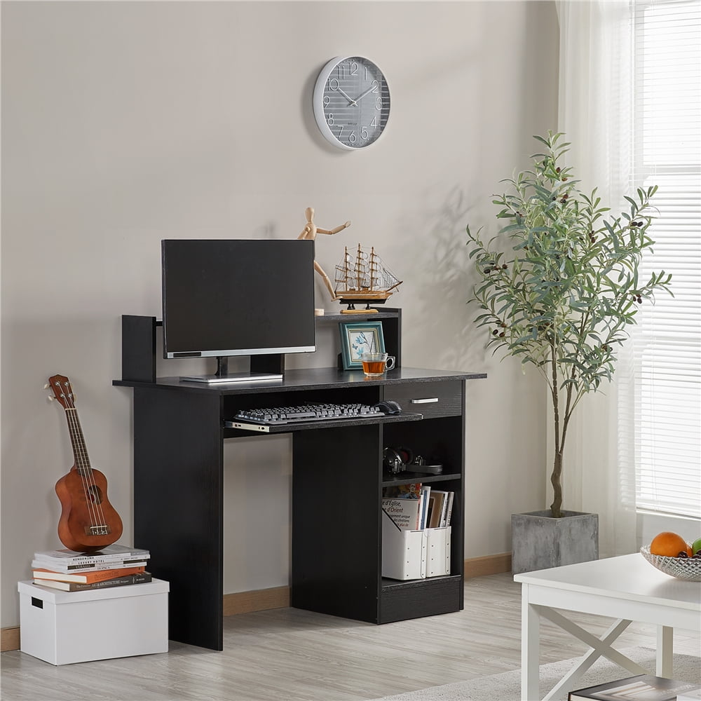 Alden Design Wooden Home Office Computer Desk with Drawers and Keyboard Tray, Black