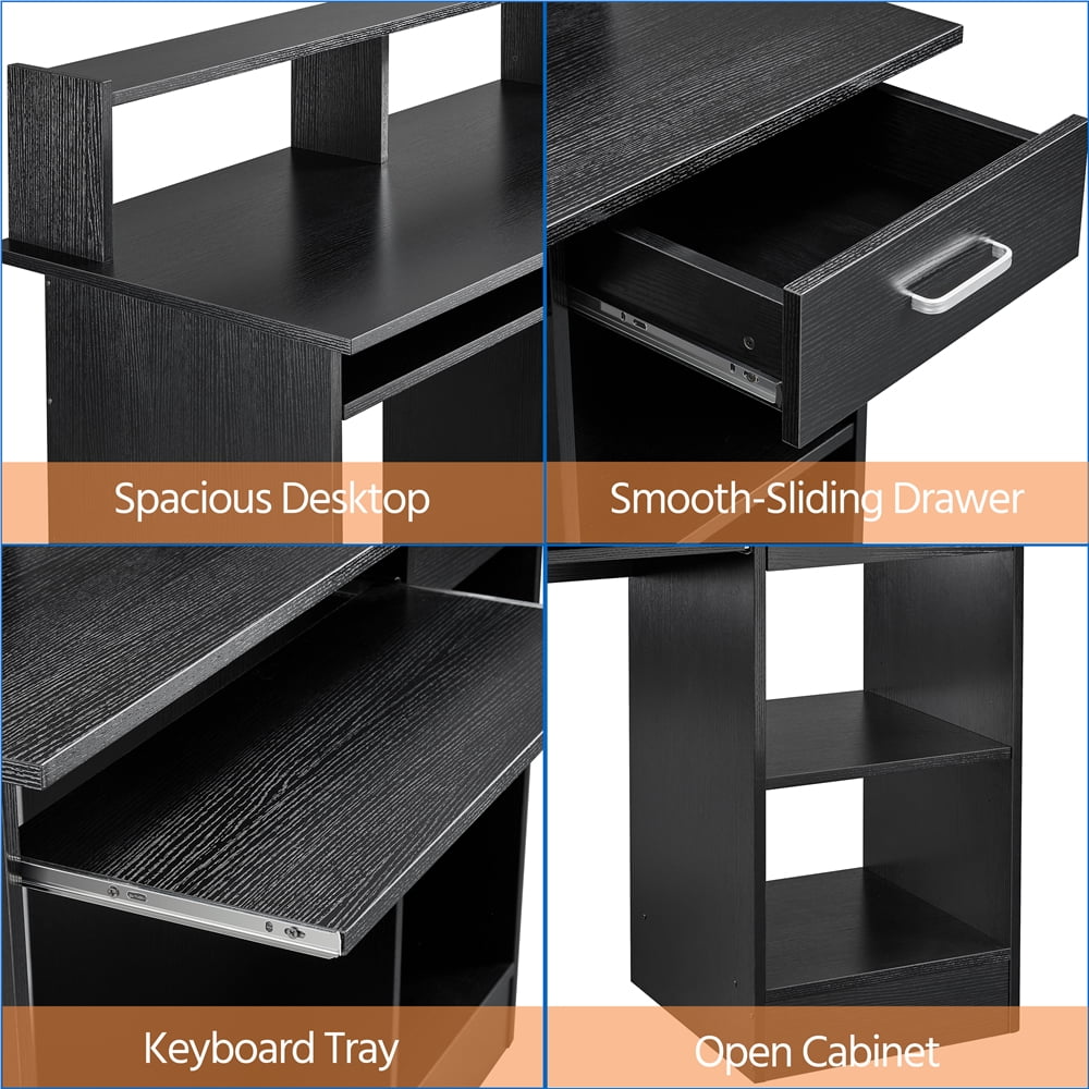 Alden Design Wooden Home Office Computer Desk with Drawers and Keyboard Tray, Black