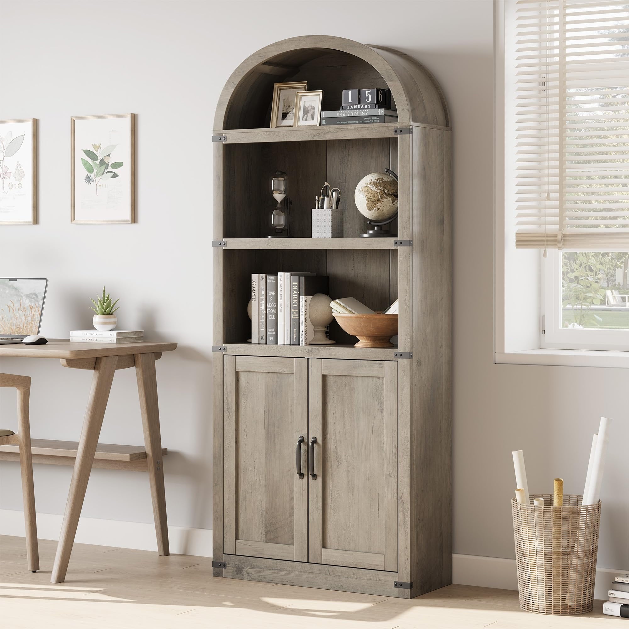 TROPOW Bookcase with Doors Arched Bookshelf 71.65in Tall Bookcase Farmhouse Cabinet with Shelves Wooden Bookshelves for Home Office, Living Room,Gray