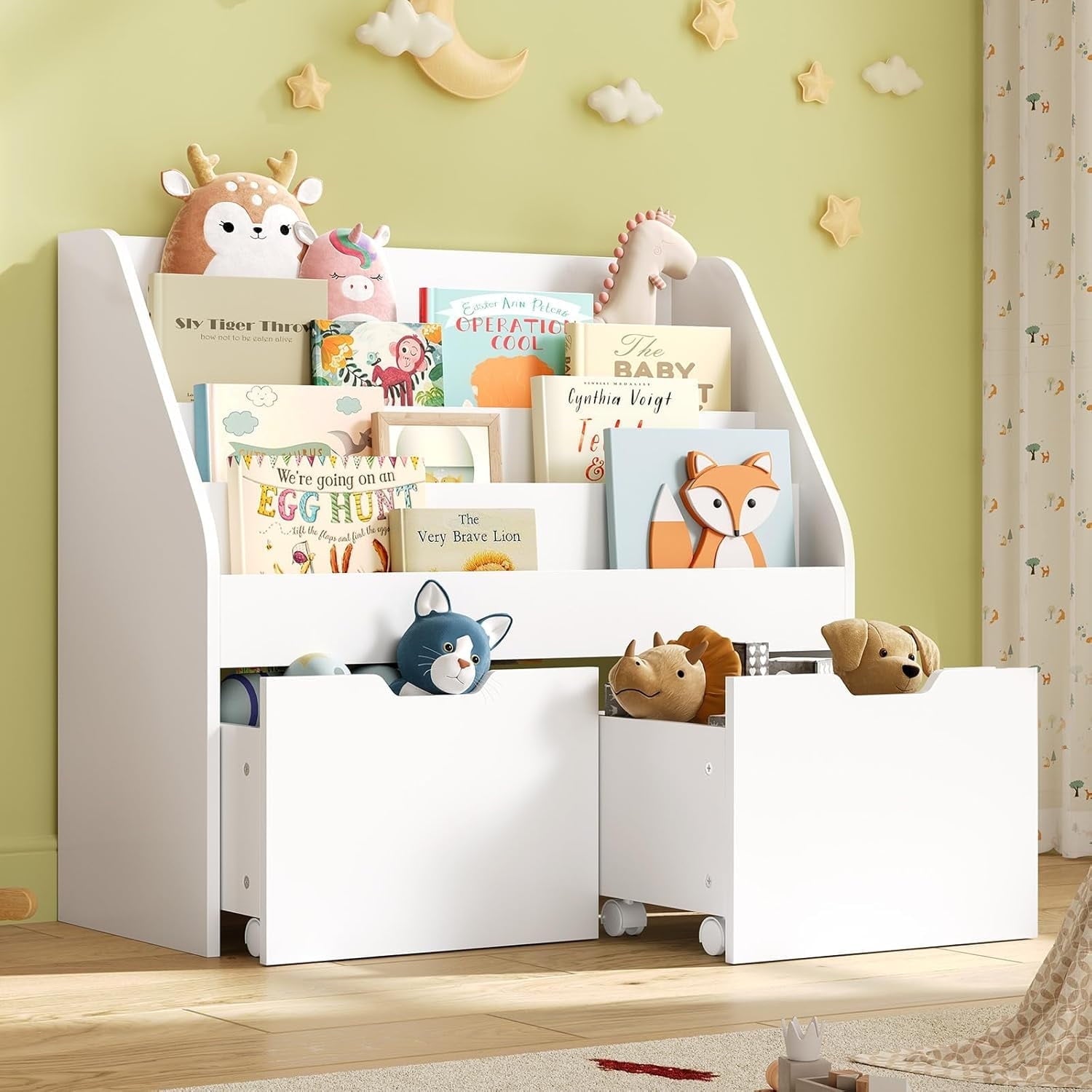 4 Tier Kids Bookshelf, Toy Storage for Children with 2 Movable Drawers, Hidden Wheels, Toddler Book Display Shelves for Classrooms, Nursery, White