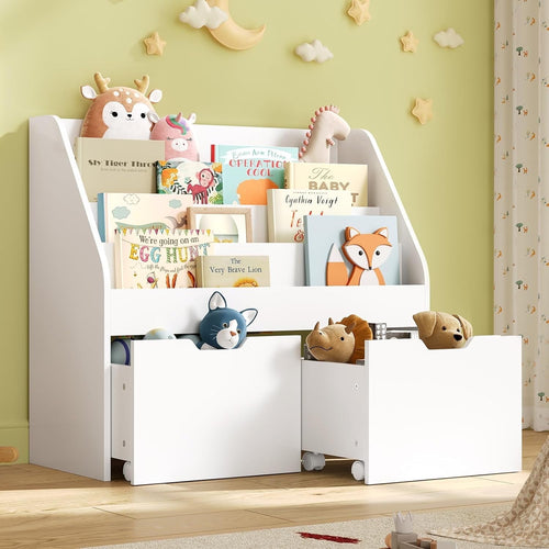 4 Tier Kids Bookshelf, Toy Storage for Children with 2 Movable Drawers, Hidden Wheels, Toddler Book Display Shelves for Classrooms, Nursery, White