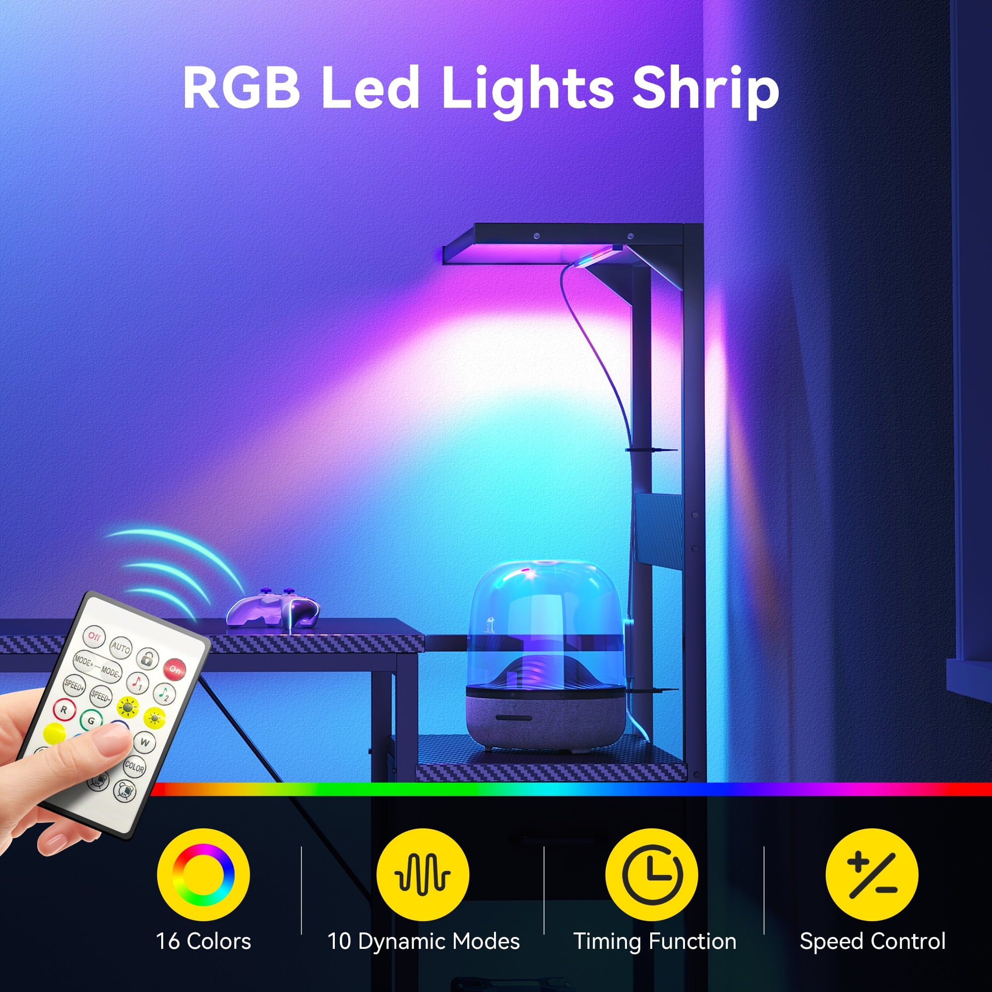 48 inch Gaming Desk with Storage & LED Lights, Reversible Computer Desk with Display Shelves & Fabric Drawer, Modern Gamer Desk Table with Side Headphone Hook, Carbon Fiber Black