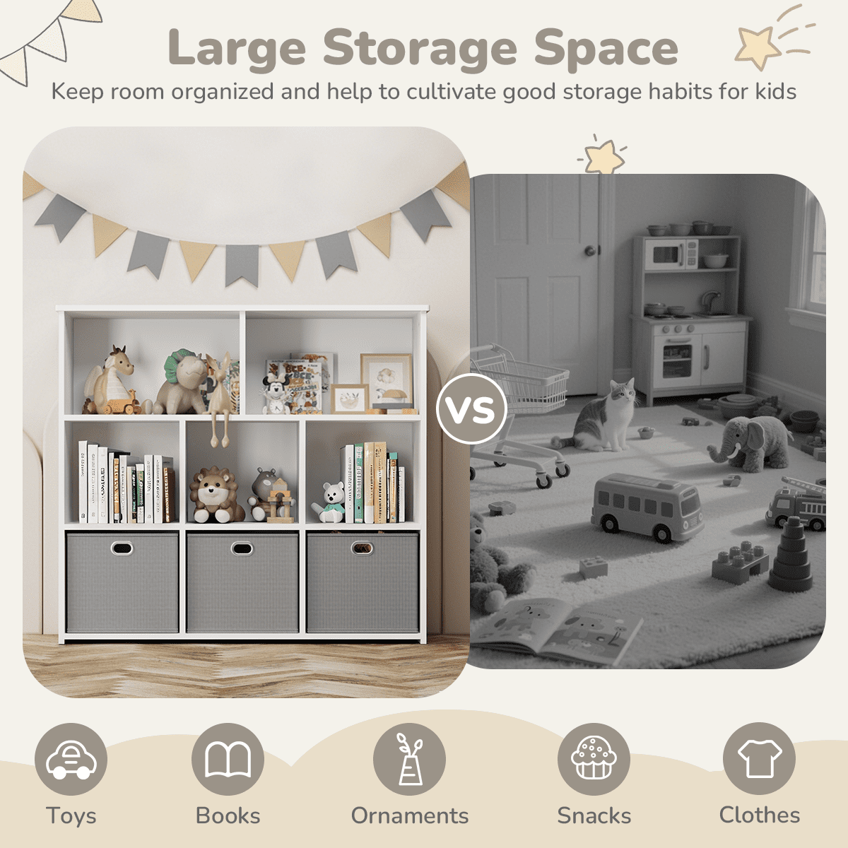 Kids Bookshelf, Caveen Kids Bookcase with 3 Movable Drawers, Wood Bookshelf Toy Storage Organizer for Kids Room, Gray