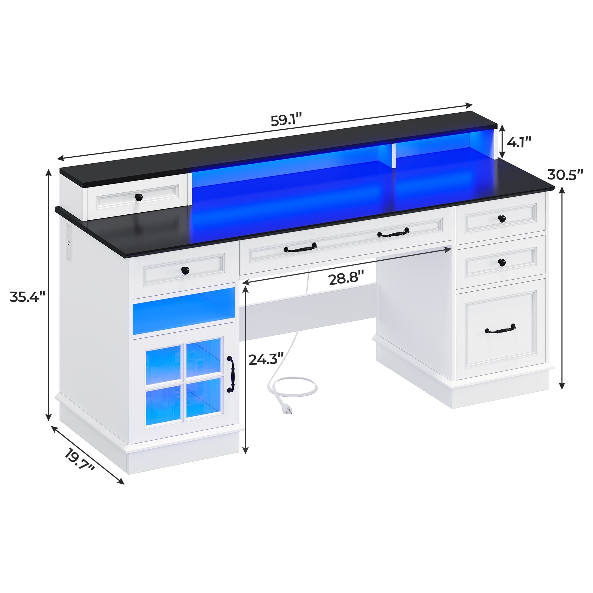 Afuhokles 59" Computer Desk with 5 Drawers and Charging Station, Farmhouse Office Desk for Home Office, White