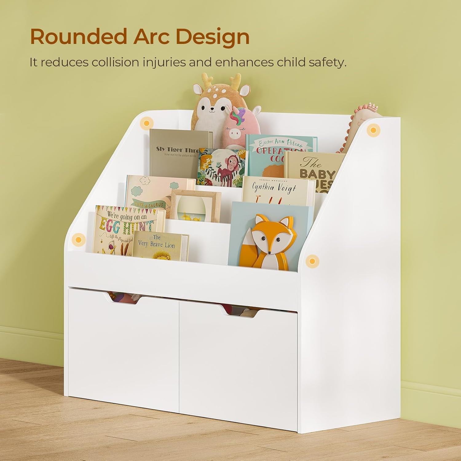 4 Tier Kids Bookshelf, Toy Storage for Children with 2 Movable Drawers, Hidden Wheels, Toddler Book Display Shelves for Classrooms, Nursery, White