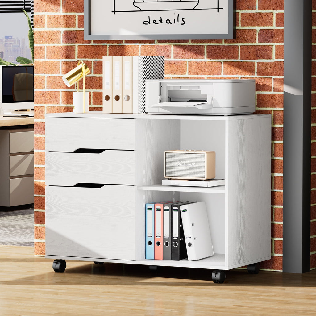JOINSUN 3-Drawer Mobile File Cabinet, Under Desk Wood Storage Organizer with Wheels for Home Office & Printer Stand, White