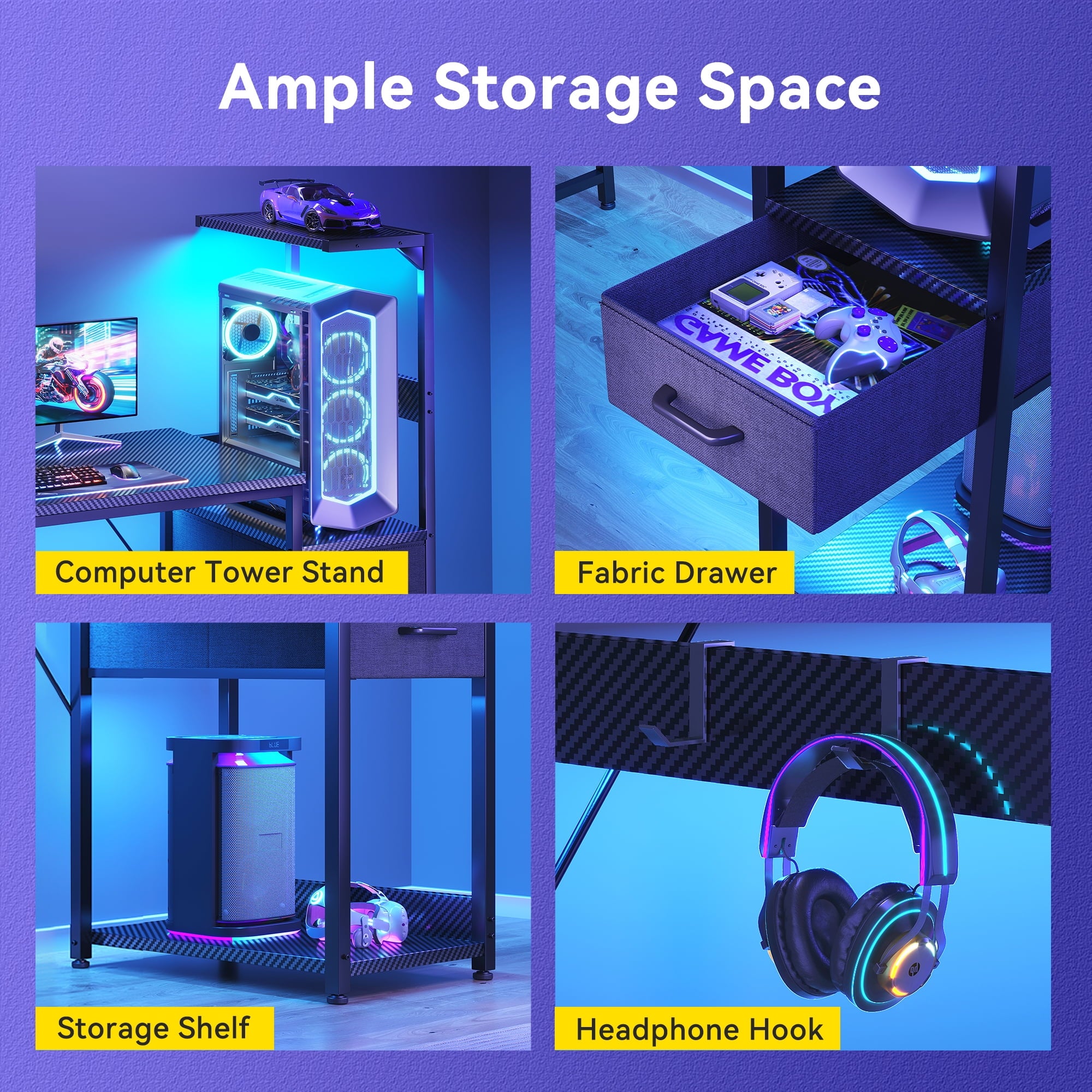 48 inch Gaming Desk with Storage & LED Lights, Reversible Computer Desk with Display Shelves & Fabric Drawer, Modern Gamer Desk Table with Side Headphone Hook, Carbon Fiber Black