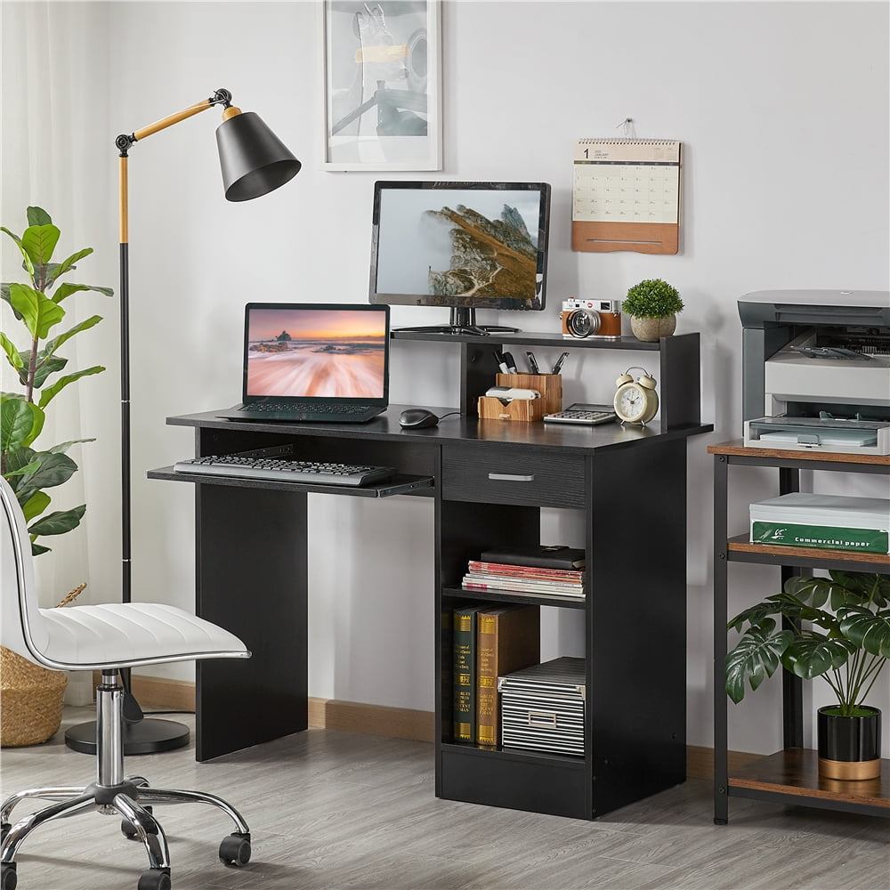 Alden Design Wooden Home Office Computer Desk with Drawers and Keyboard Tray, Black