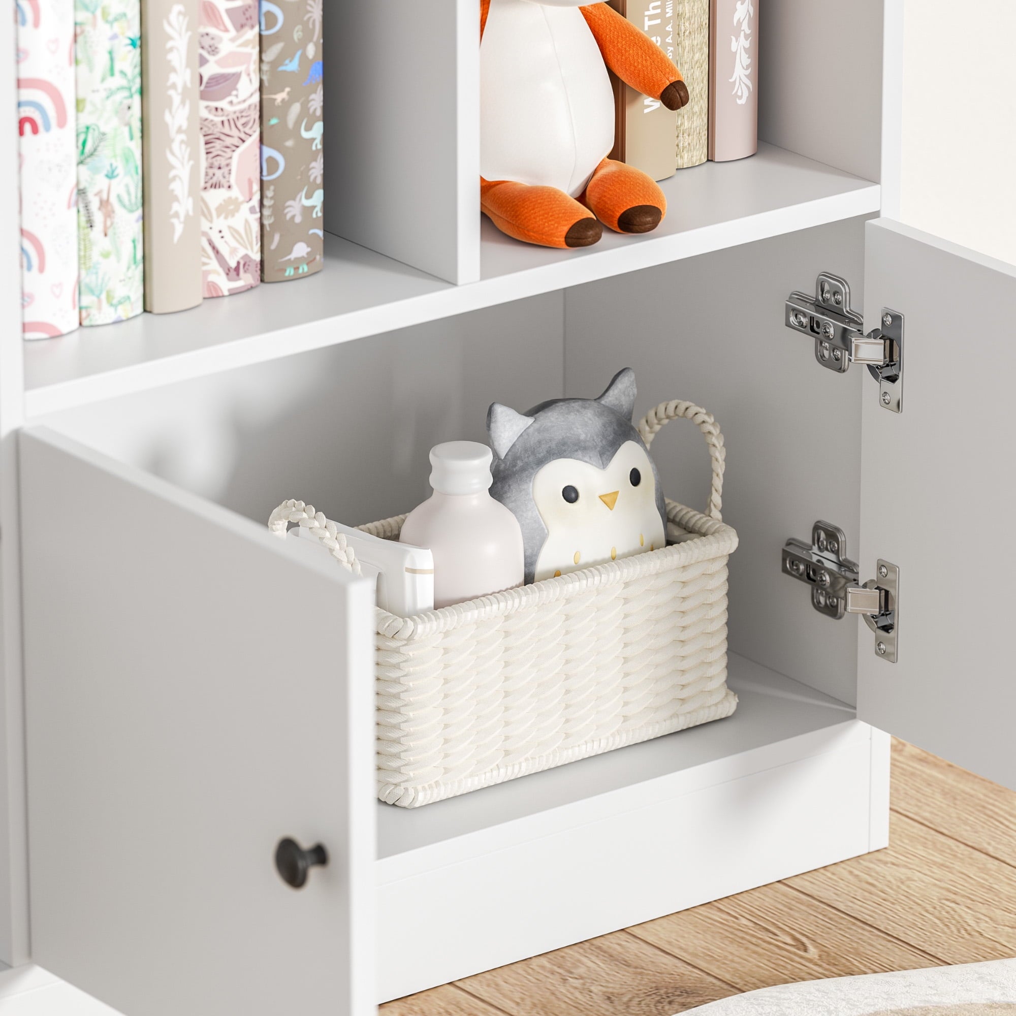 DIYART White Kids Bookshelf, Kids Bookcase with 11 Cubbies and 2 Cabinets, Freestanding Book Storage Shelves for Bedroom, Playroom, Hallway