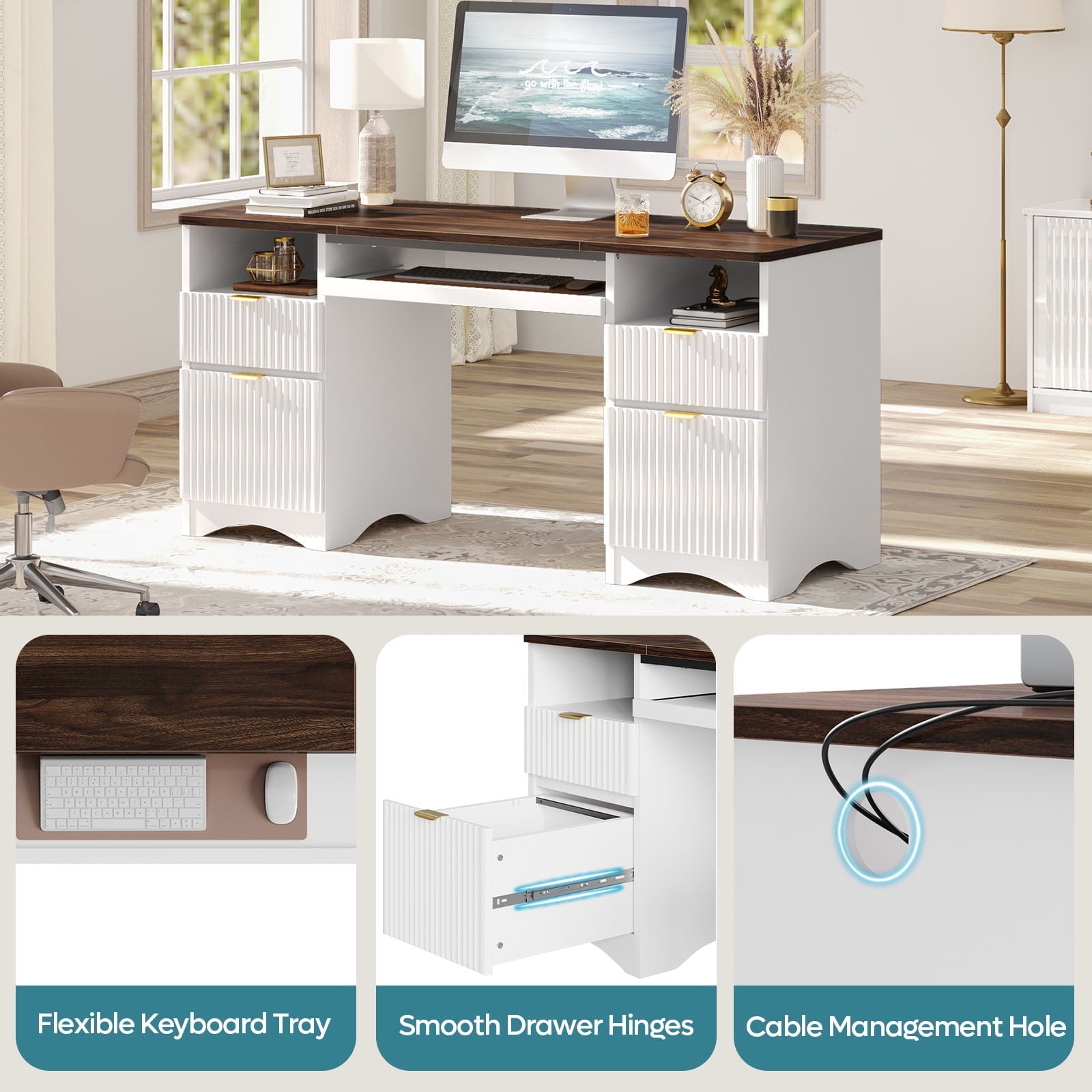 Bestier 59" Computer Home Office PC Desk with Keyboard Tray and Storage Drawers, Walnut and White