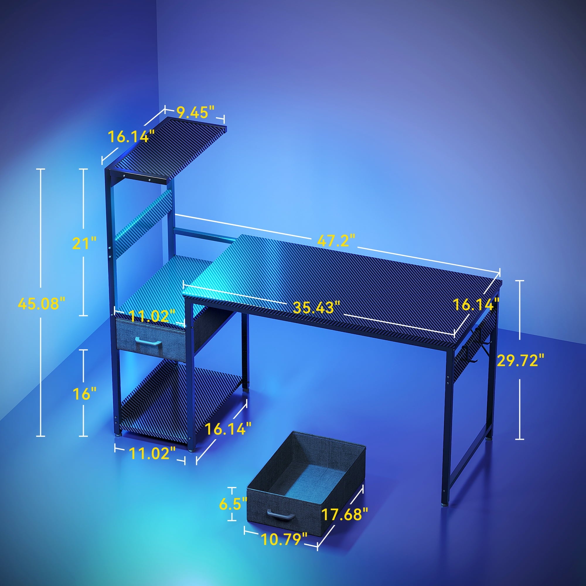 48 inch Gaming Desk with Storage & LED Lights, Reversible Computer Desk with Display Shelves & Fabric Drawer, Modern Gamer Desk Table with Side Headphone Hook, Carbon Fiber Black