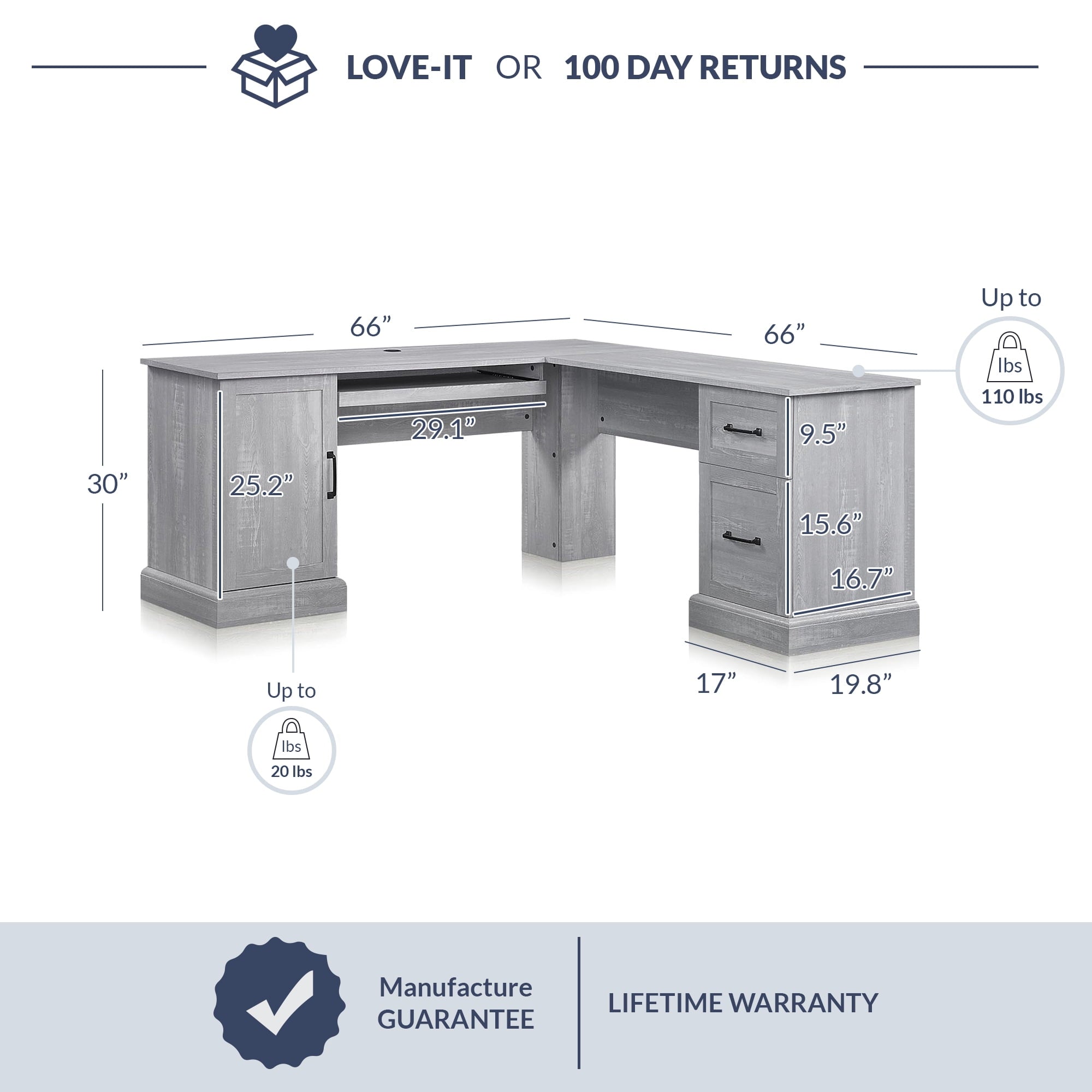 BELLEZE Modern Corner L-Shaped Home Office Computer Laptop Desk or Writing Study Workstation with Keyboard Tray, Two Drawers and Cabinet - Barlow (Stone Gray)