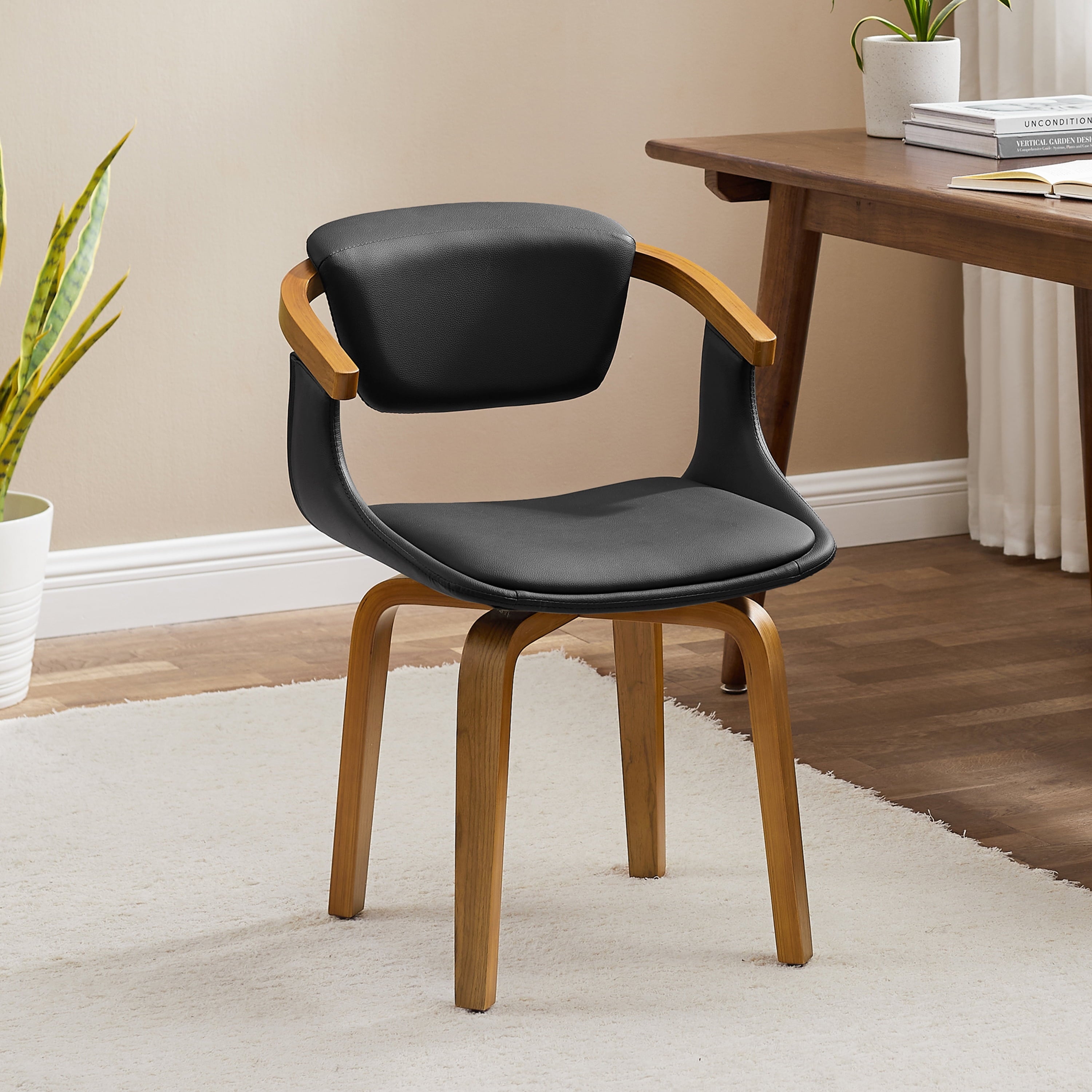 Art Leon Office Chair, Faux Leather Swivel Desk Chair with Wood Legs, Brown