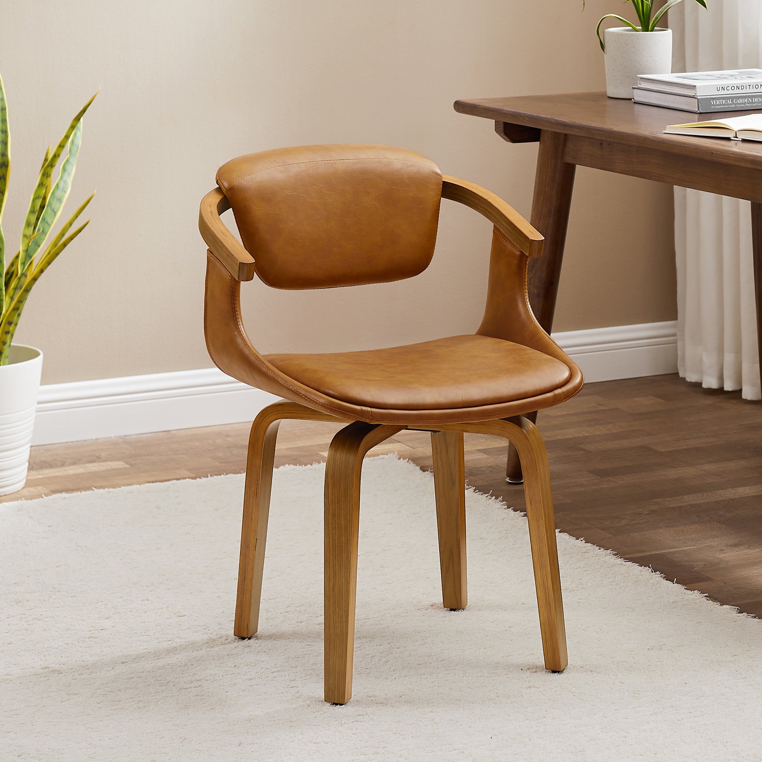 Art Leon Office Chair, Faux Leather Swivel Desk Chair with Wood Legs, Brown