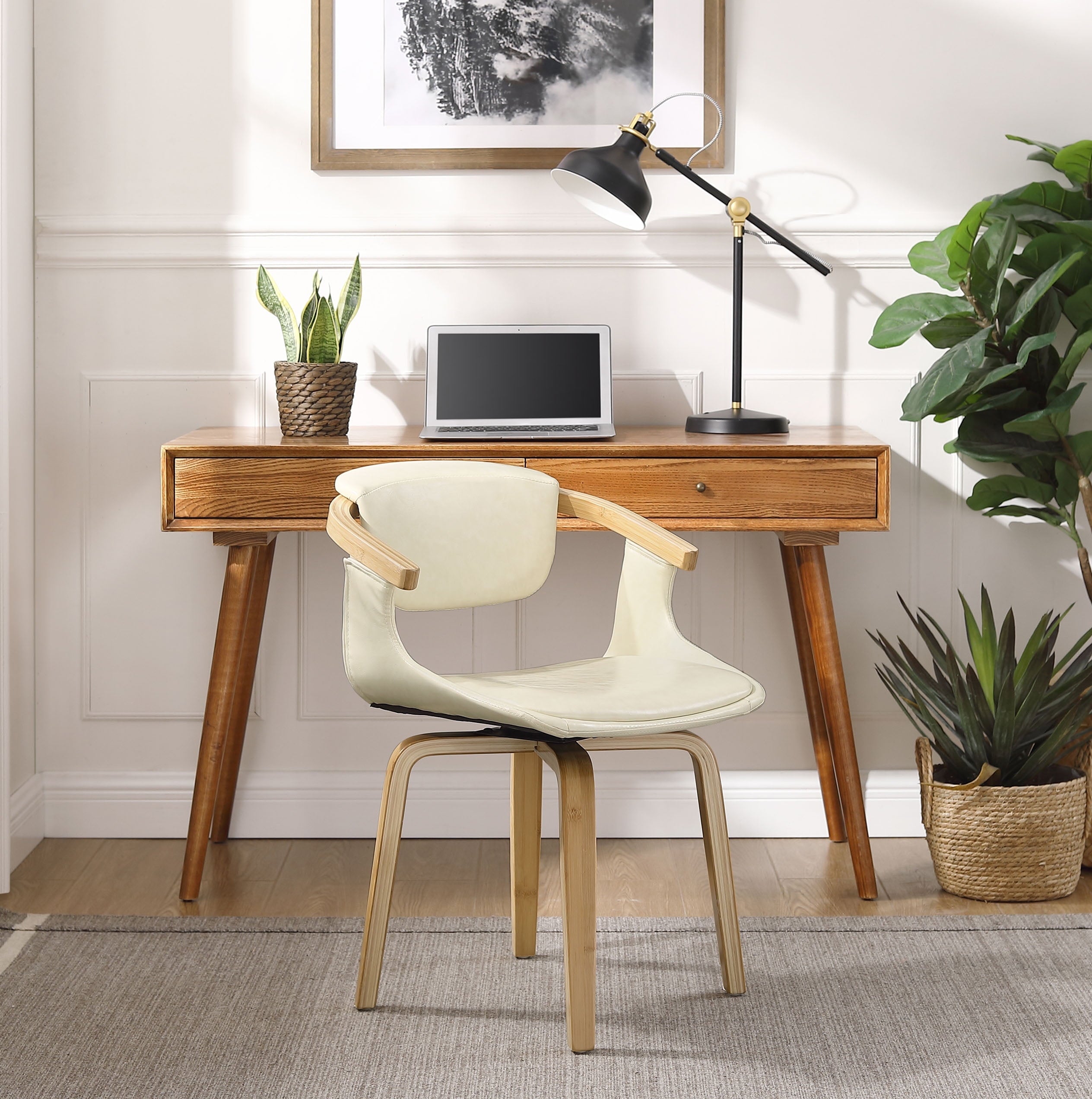 Art Leon Office Chair, Faux Leather Swivel Desk Chair with Wood Legs, Brown