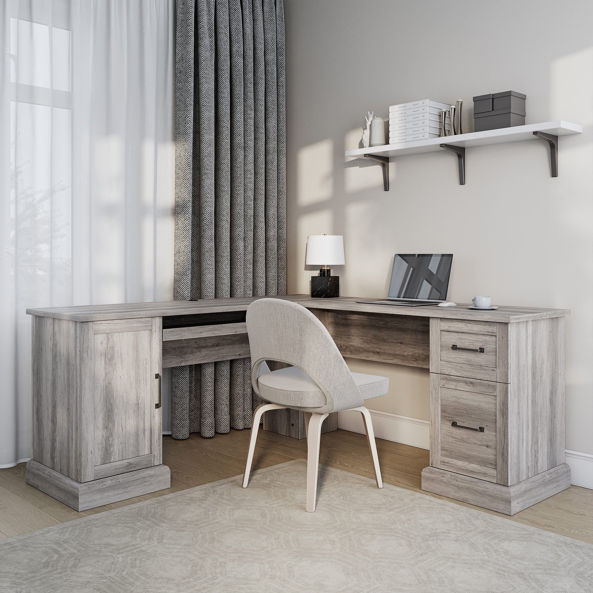 BELLEZE Modern Corner L-Shaped Home Office Computer Laptop Desk or Writing Study Workstation with Keyboard Tray, Two Drawers and Cabinet - Barlow (Stone Gray)