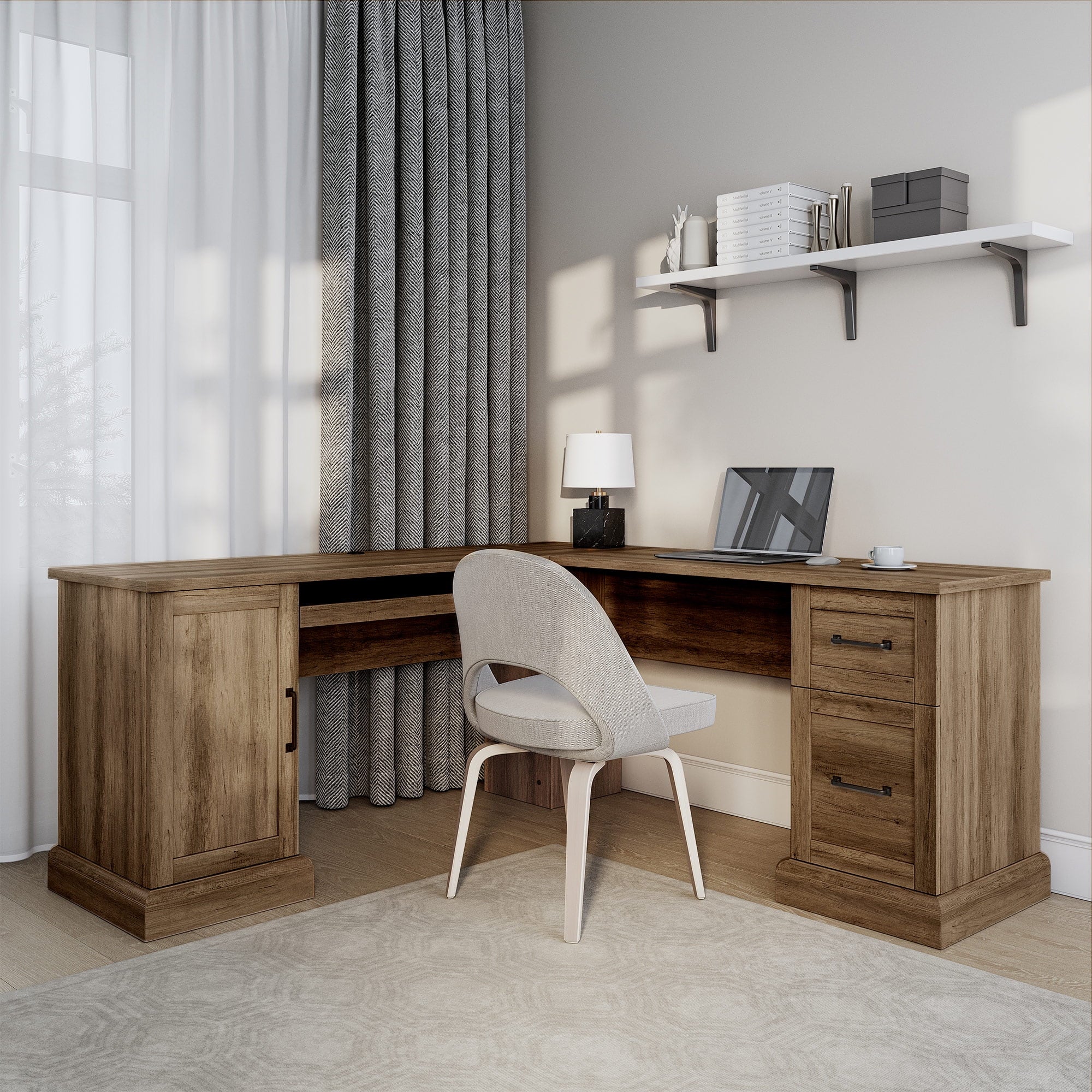 BELLEZE Modern Corner L-Shaped Home Office Computer Laptop Desk or Writing Study Workstation with Keyboard Tray, Two Drawers and Cabinet - Barlow (Stone Gray)