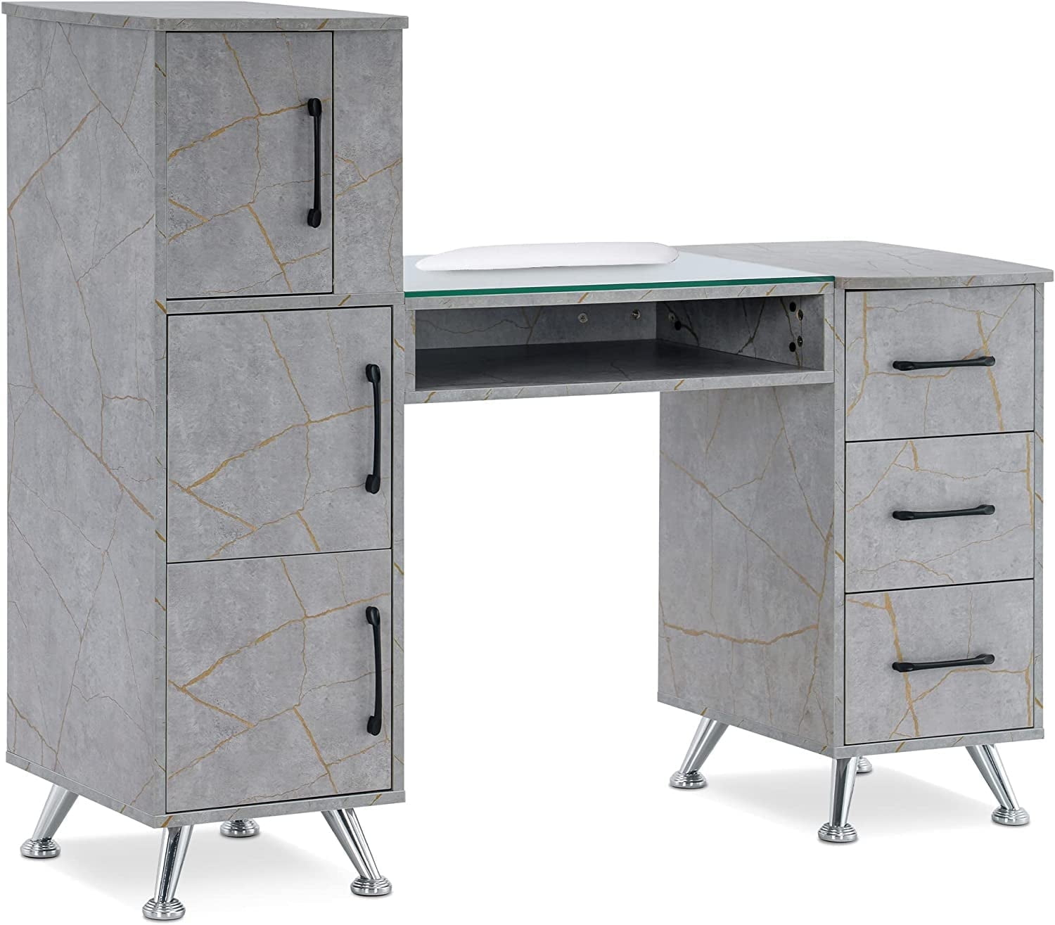 BarberPub Makeup Vanity Desk with Storage Drawer and Cabinet, Nail Desk with Glass Top