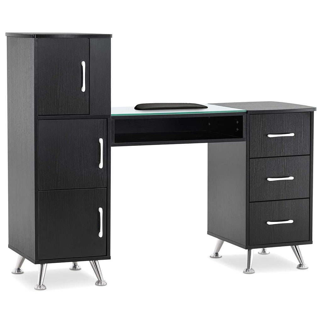 BarberPub Makeup Vanity Desk with Storage Drawer and Cabinet, Nail Desk with Glass Top