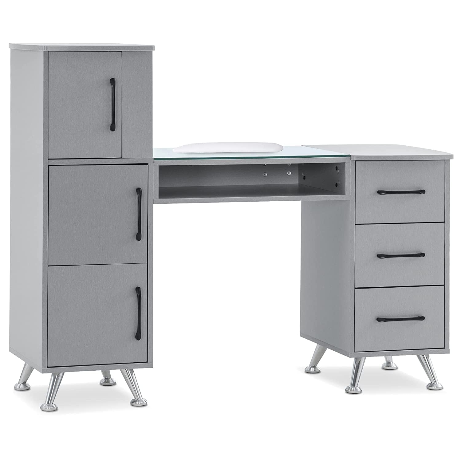 BarberPub Makeup Vanity Desk with Storage Drawer and Cabinet, Nail Desk with Glass Top