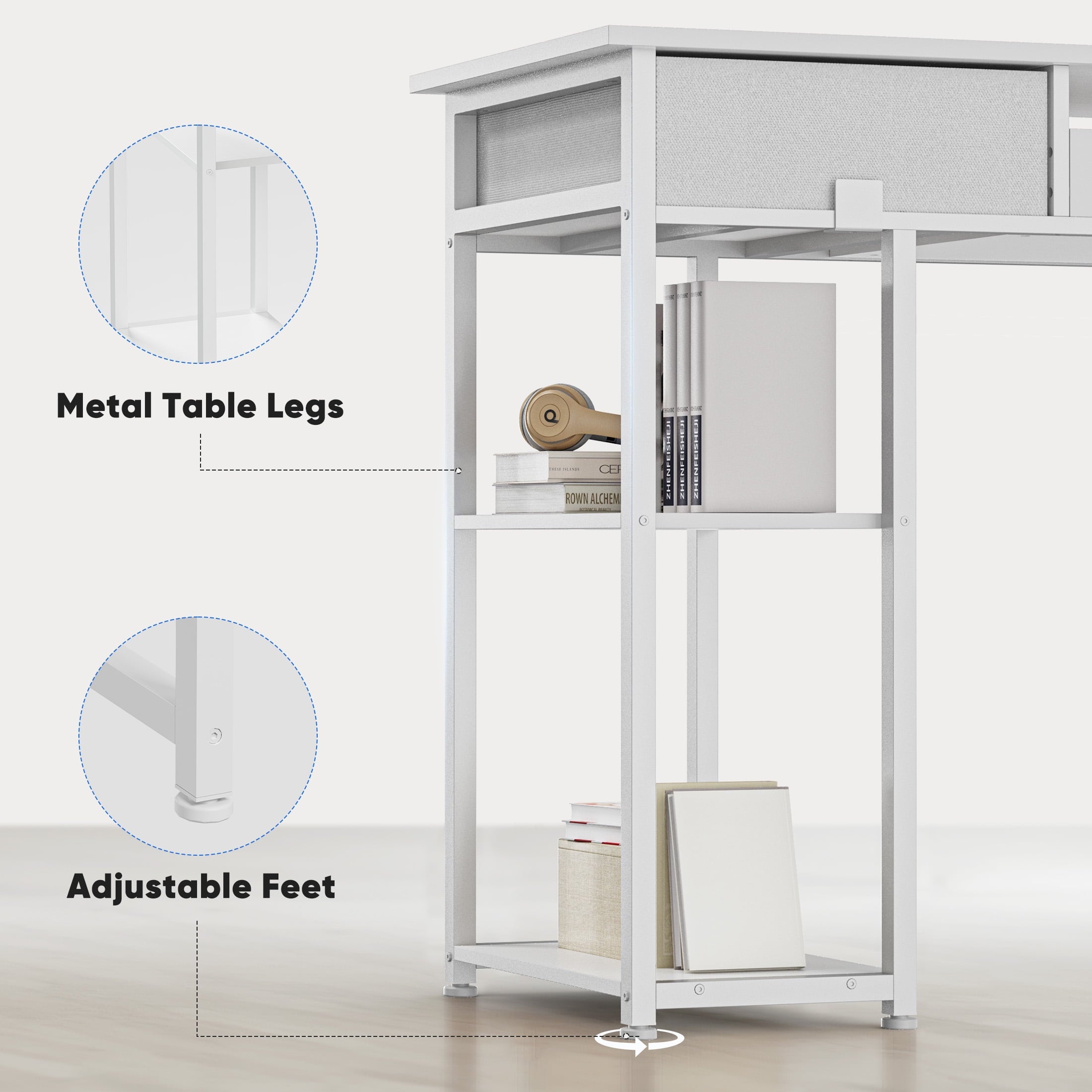 edx Small Desk Fabric Drawers & Storage Shelves, Home Office Computer Desk, Writing Desk Small Space Desk Study Table for Home, Bedroom, 48 Inch, White