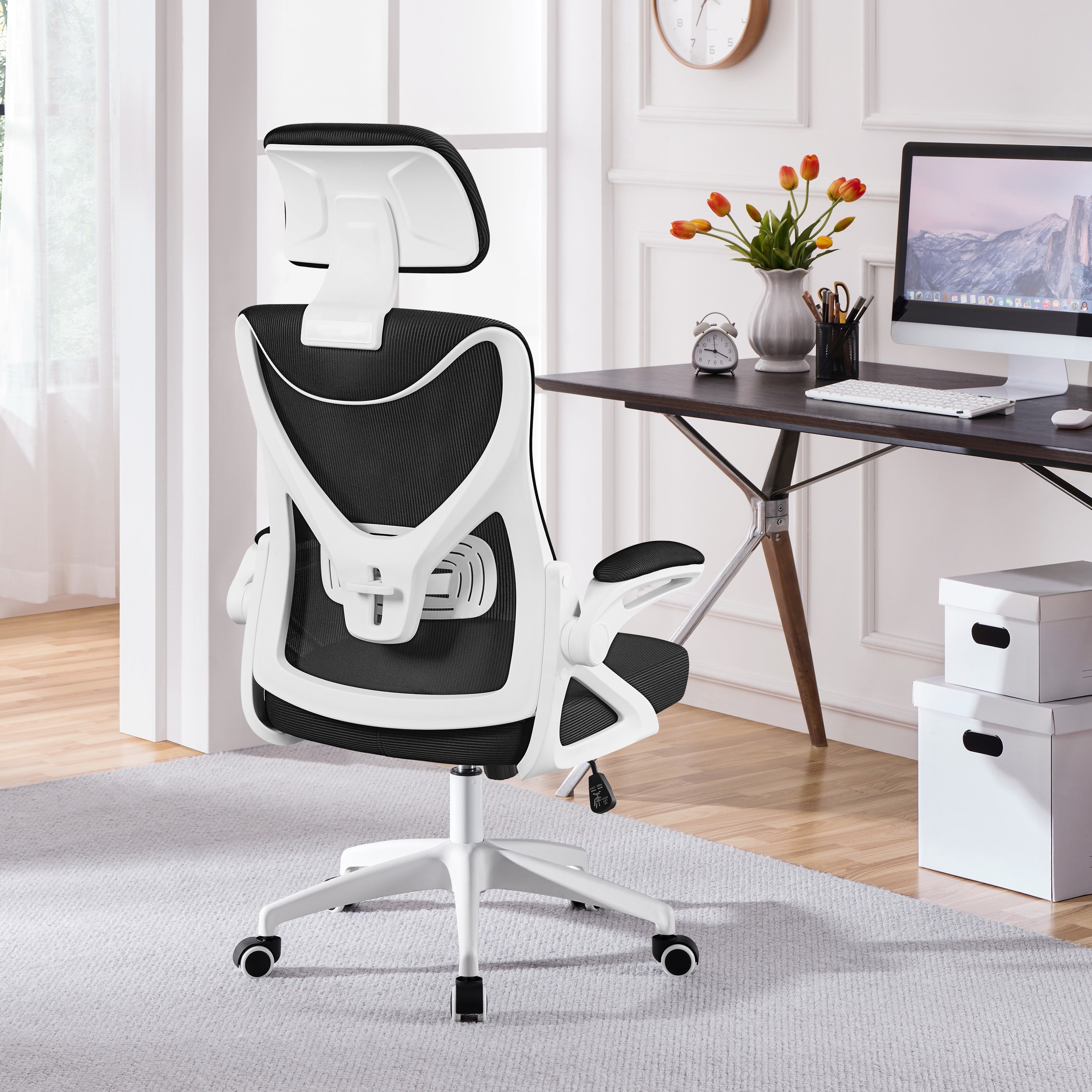 Alden Design High Back Ergonomic Mesh Office Chair with Adjustable Padded Headrest, White/Black