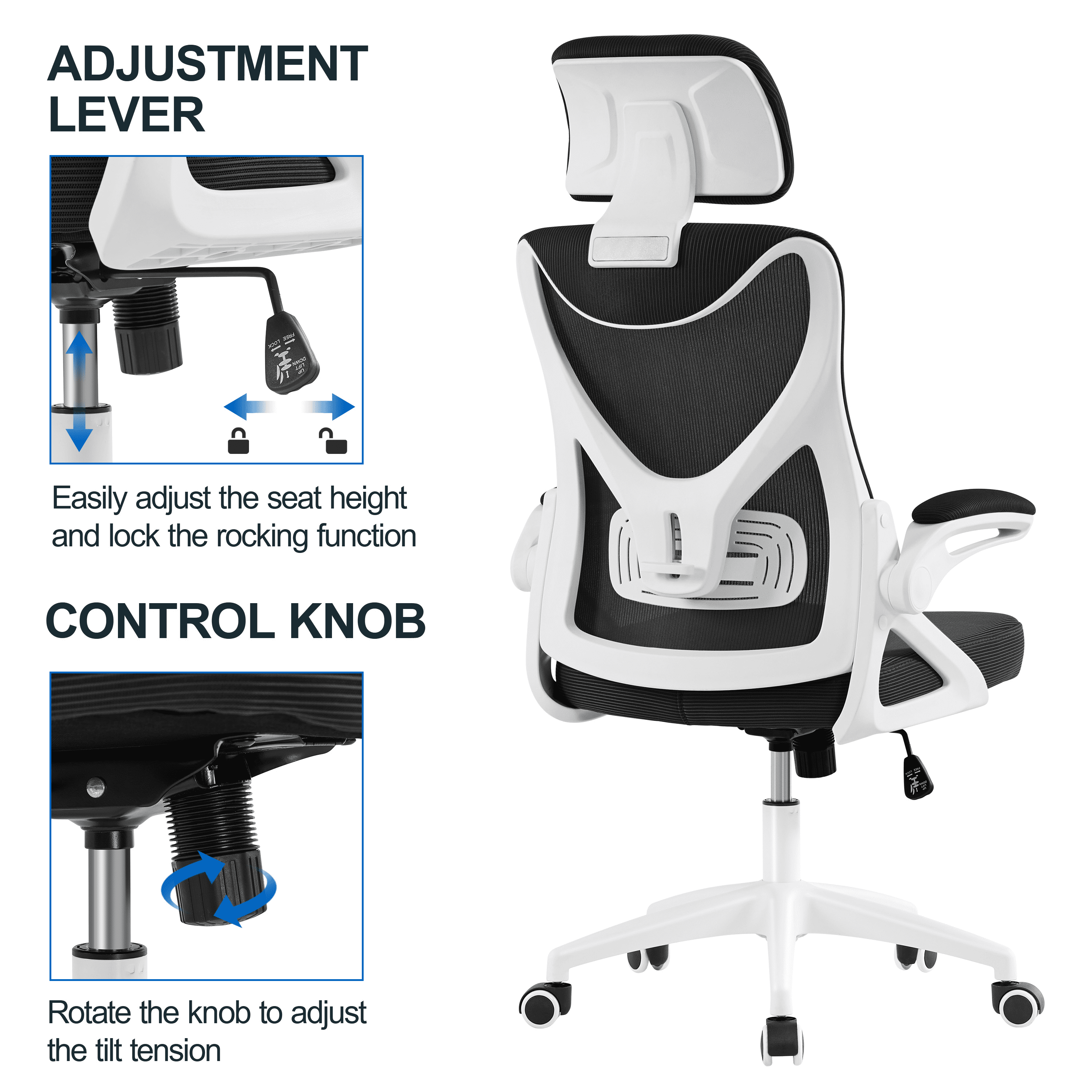 Alden Design High Back Ergonomic Mesh Office Chair with Adjustable Padded Headrest, White/Black
