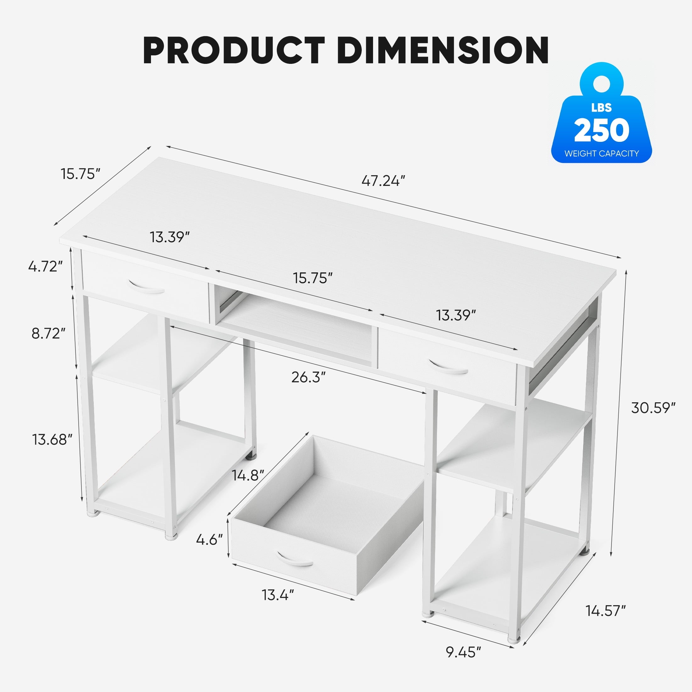 edx Small Desk Fabric Drawers & Storage Shelves, Home Office Computer Desk, Writing Desk Small Space Desk Study Table for Home, Bedroom, 48 Inch, White