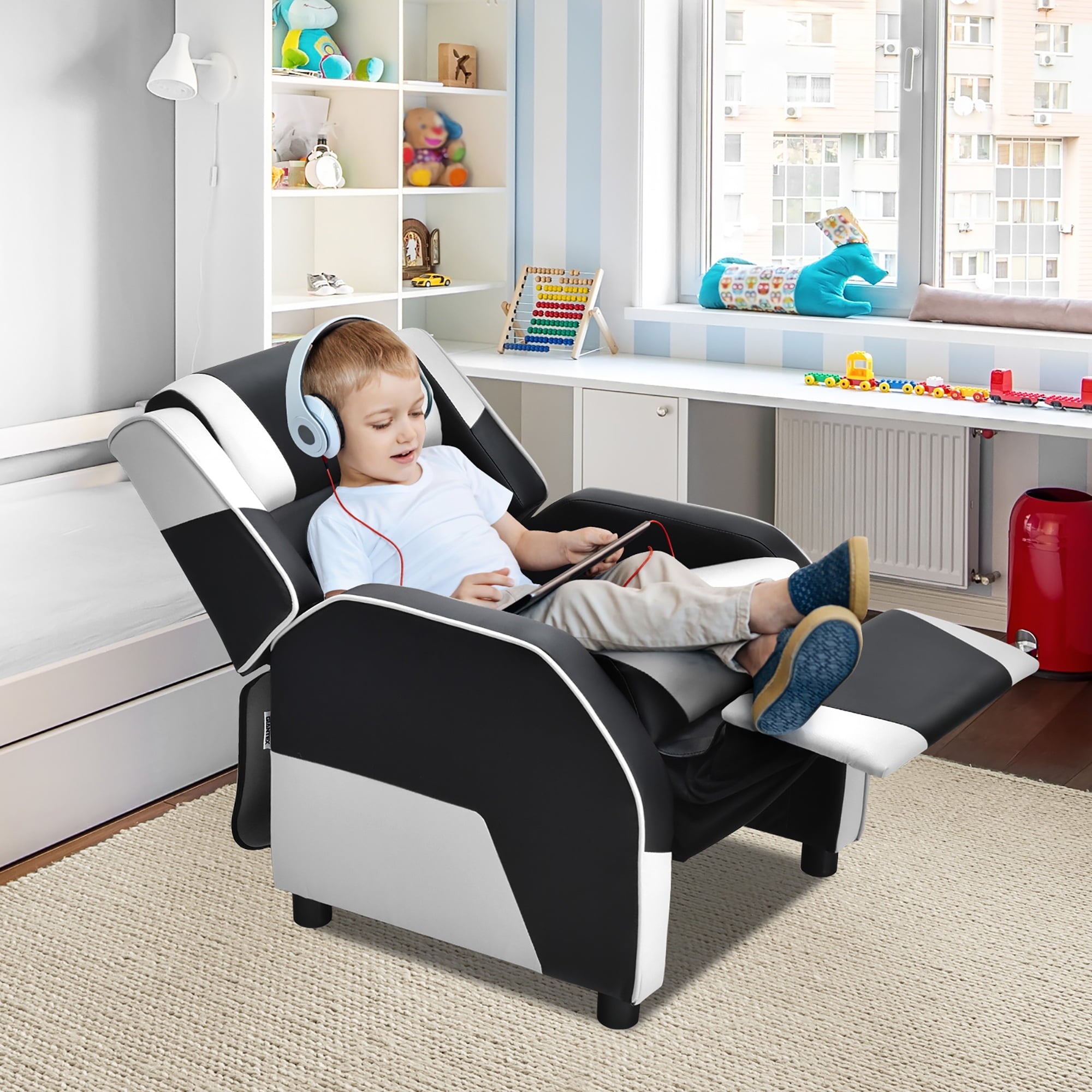 Costway Kids Gaming Recliner Chair with Headrest and Footrest, White