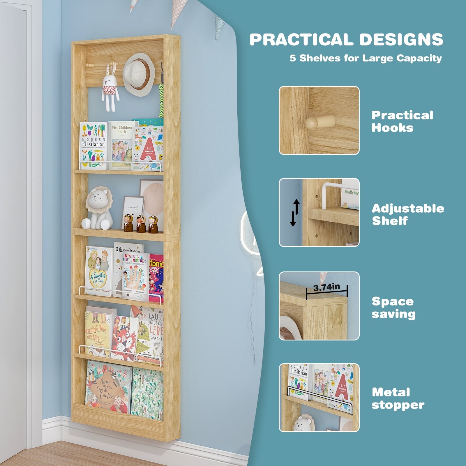 Advwin 5-Tier Wall Mounted Kids Bookshelf with Adjustable Shelves, Wooden Book Shelf Organizer, Behind Door Bookcase Display Shelf for Kids Room, Nursery, Playroom, Natural