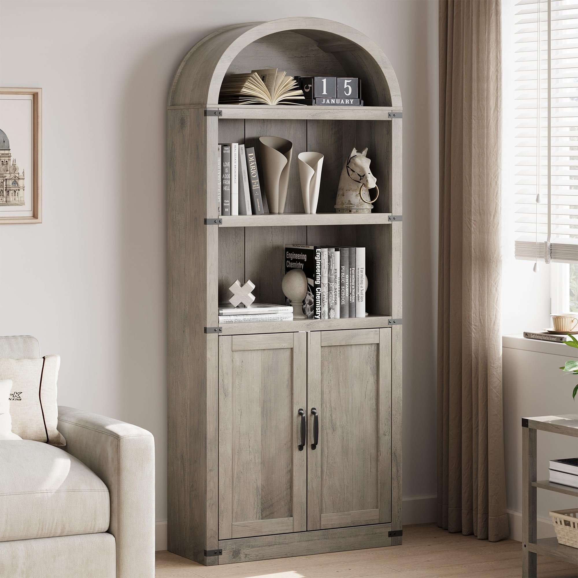 TROPOW Bookcase with Doors Arched Bookshelf 71.65in Tall Bookcase Farmhouse Cabinet with Shelves Wooden Bookshelves for Home Office, Living Room,Gray