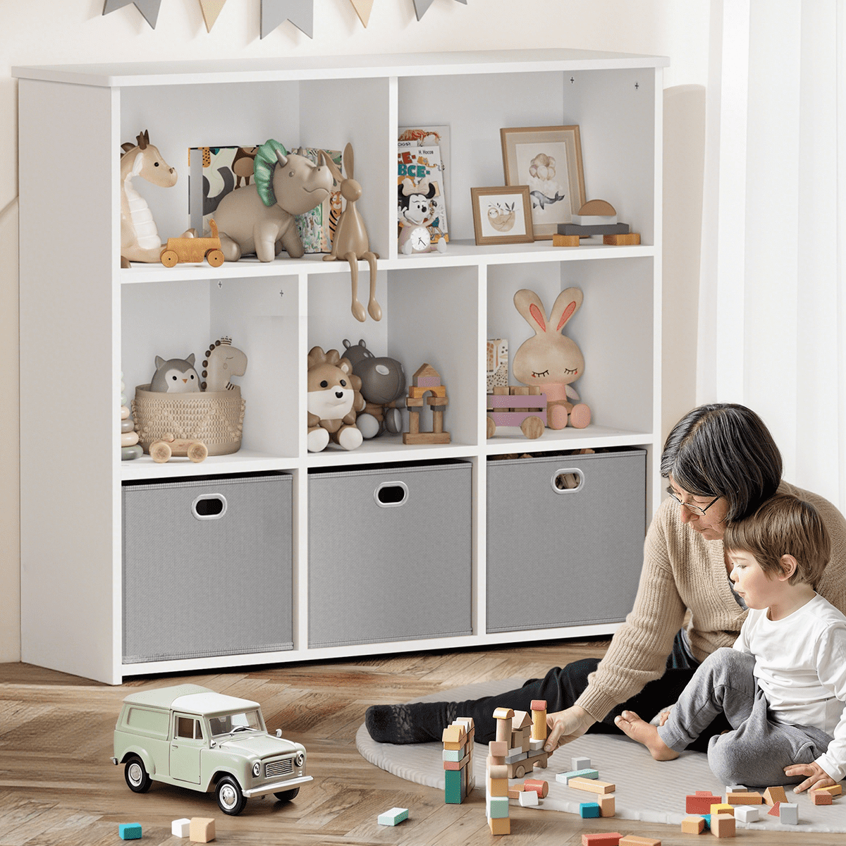 Kids Bookshelf, Caveen Kids Bookcase with 3 Movable Drawers, Wood Bookshelf Toy Storage Organizer for Kids Room, Gray