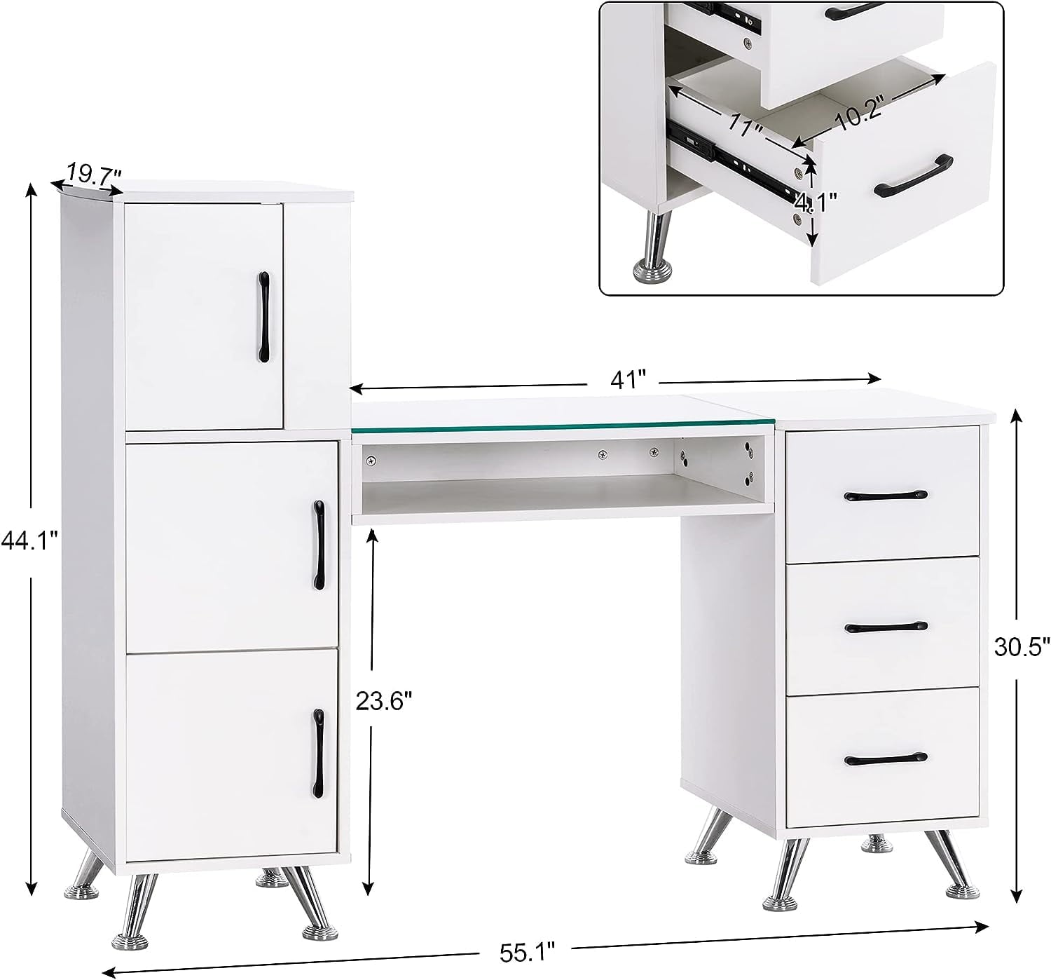 BarberPub Makeup Vanity Desk with Storage Drawer and Cabinet, Nail Desk with Glass Top