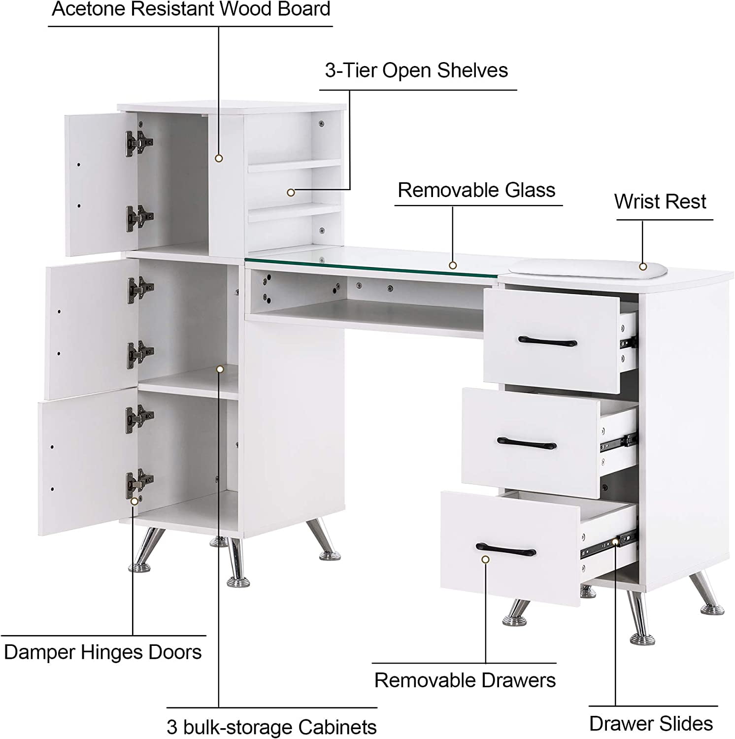 BarberPub Makeup Vanity Desk with Storage Drawer and Cabinet, Nail Desk with Glass Top