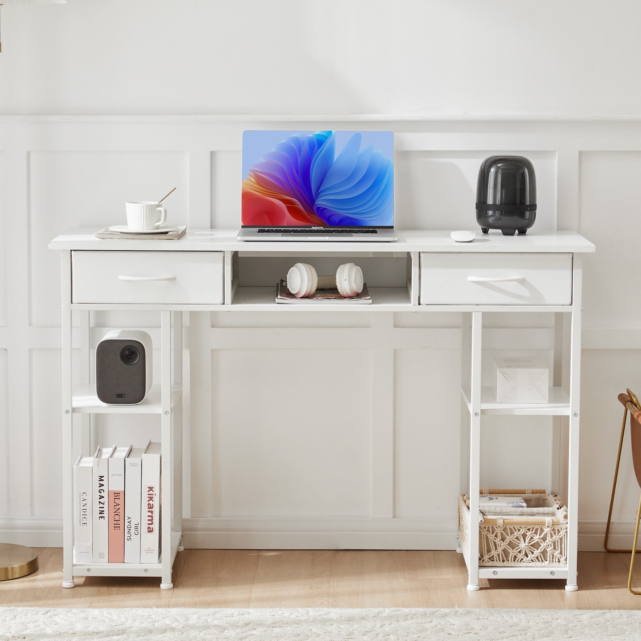 edx Small Desk Fabric Drawers & Storage Shelves, Home Office Computer Desk, Writing Desk Small Space Desk Study Table for Home, Bedroom, 48 Inch, White