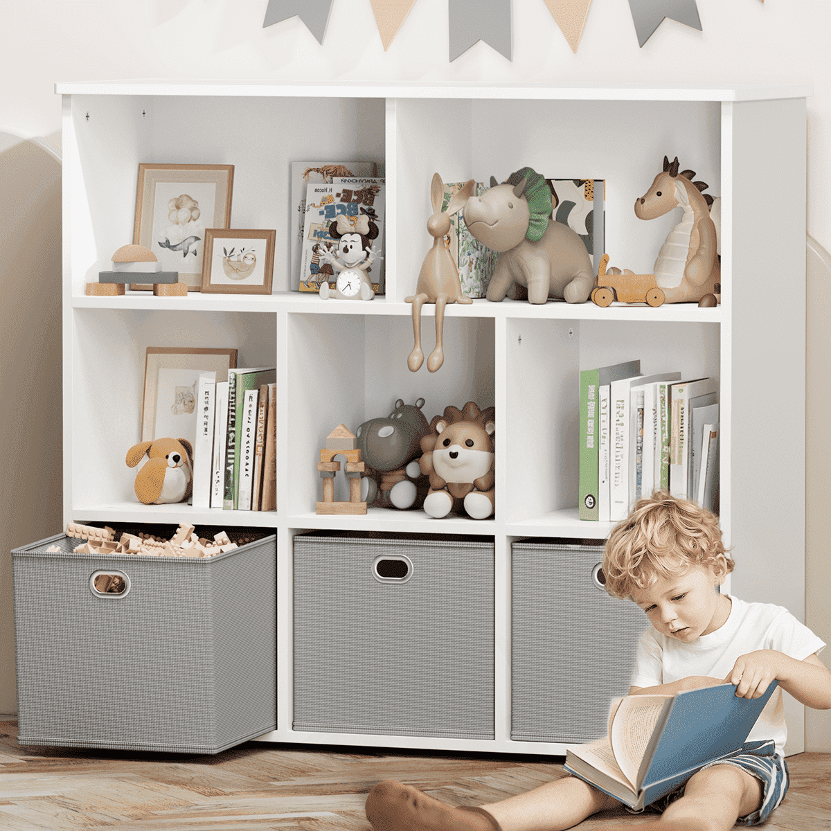 Kids Bookshelf, Caveen Kids Bookcase with 3 Movable Drawers, Wood Bookshelf Toy Storage Organizer for Kids Room, Gray