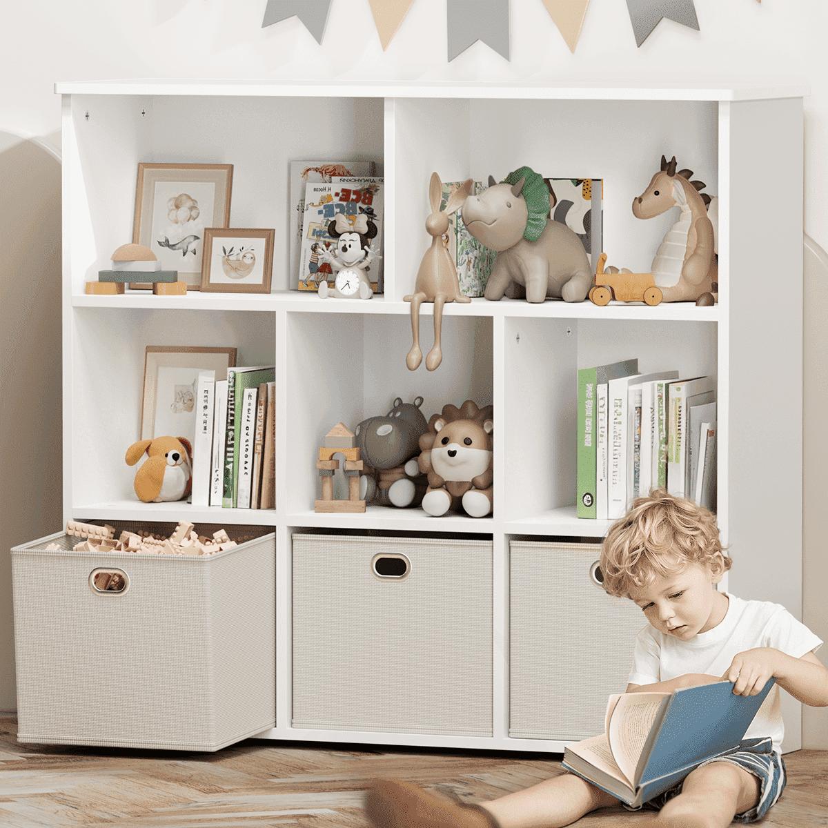 Kids Bookshelf, Caveen Kids Bookcase with 3 Movable Drawers, Wood Bookshelf Toy Storage Organizer for Kids Room, Gray